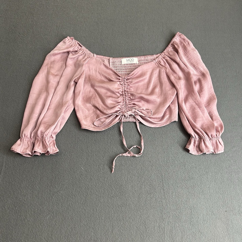 Mod On The Trend OFF THE SHOULDER CROP PINK SATINY BLOUSE  S FESTIVAL ROMANTIC